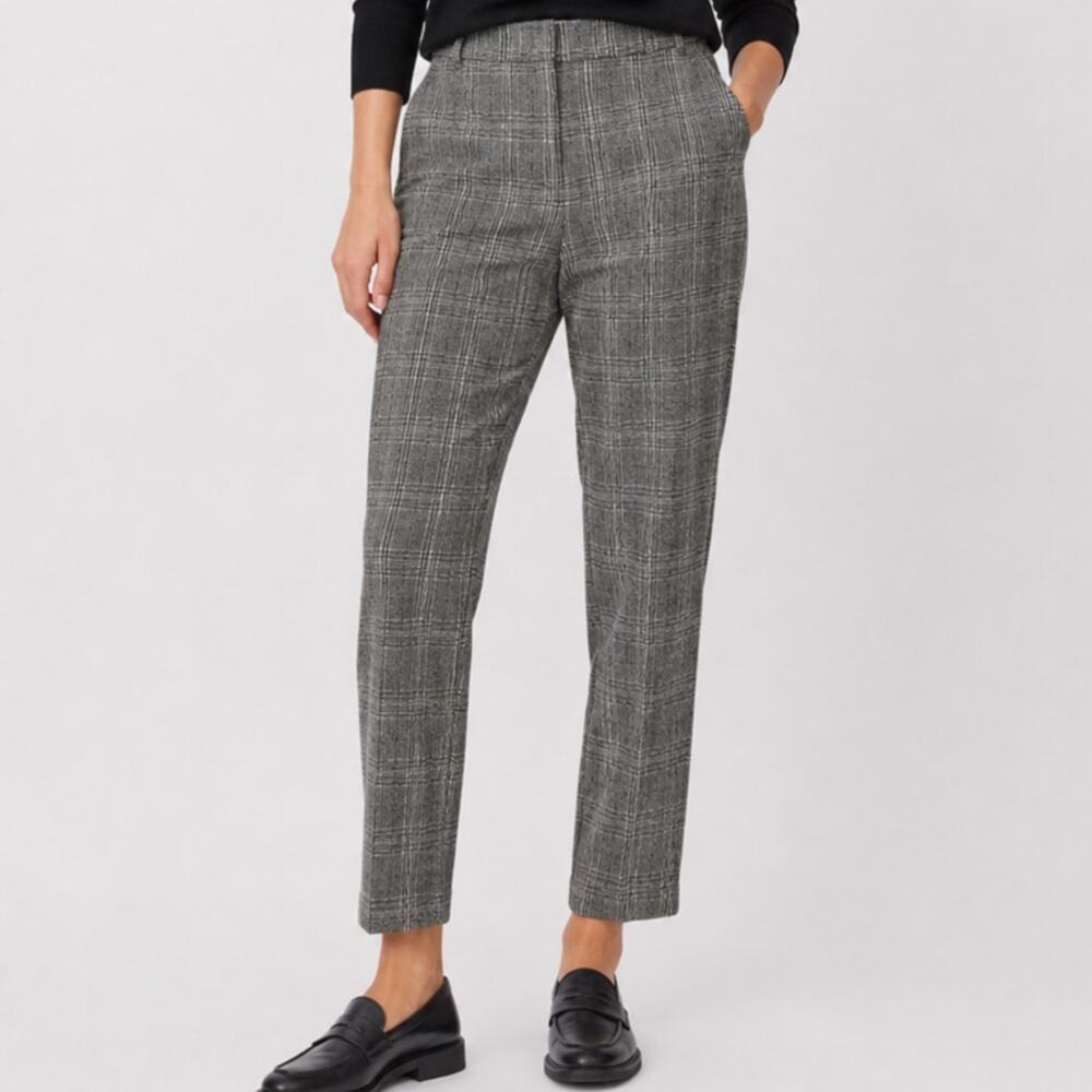 SEZANE Mid-Rise Ankle Pants Slim Straight Leg Trousers Glen Plaid Gray Black